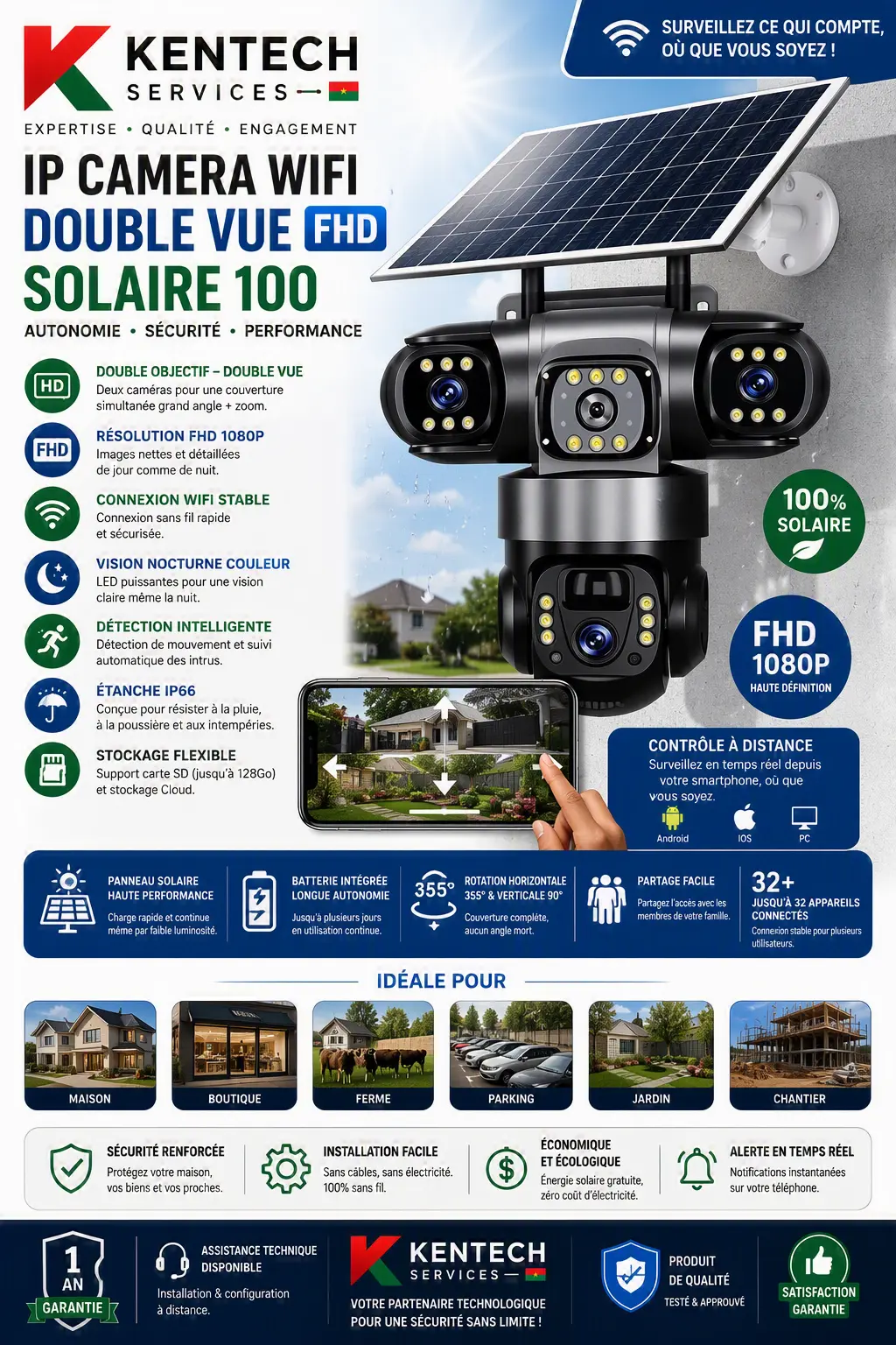 Caméra IP Wi-Fi solaire double vue Full HD 1080p