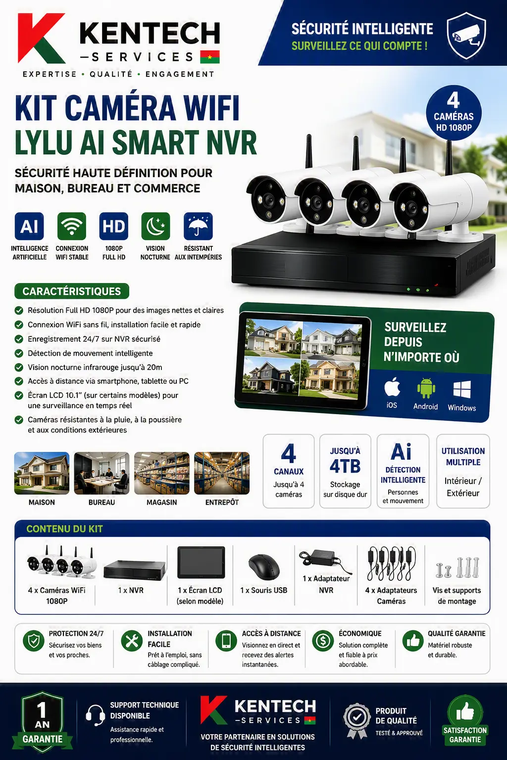 Kit de quatre caméras Wi-Fi LYLU AI Smart NVR Full HD 1080p
