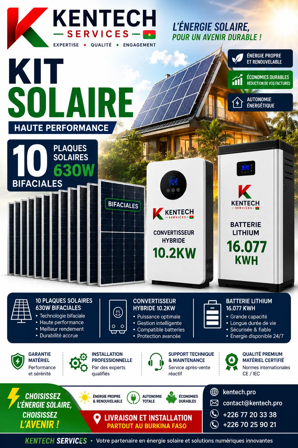 Kit solaire 10 plaques 630 W, onduleur 10,2 kW et batterie 16,077 kWh