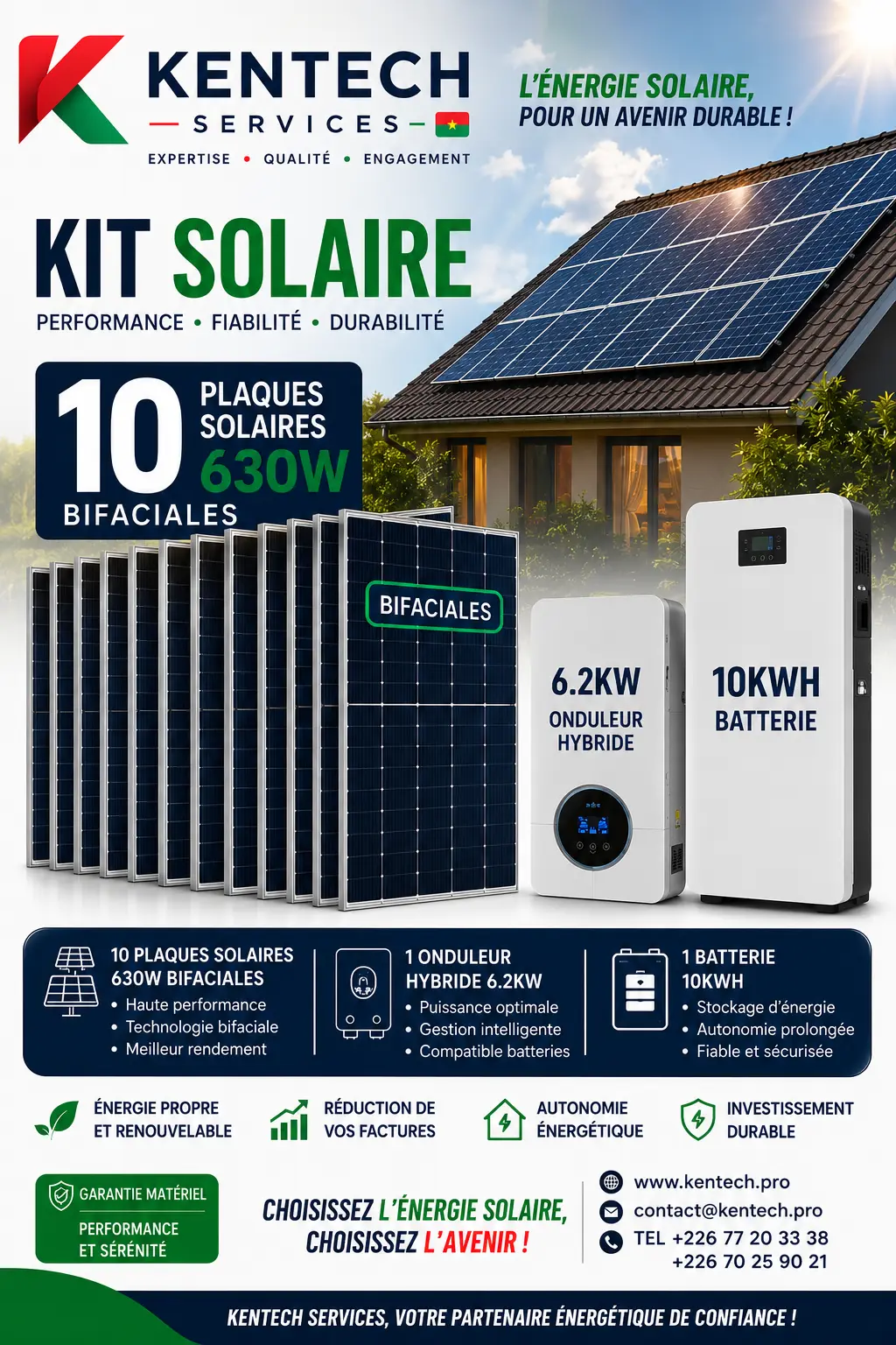 Kit solaire 10 plaques 630 W, onduleur 6,2 kW et batterie 10 kWh