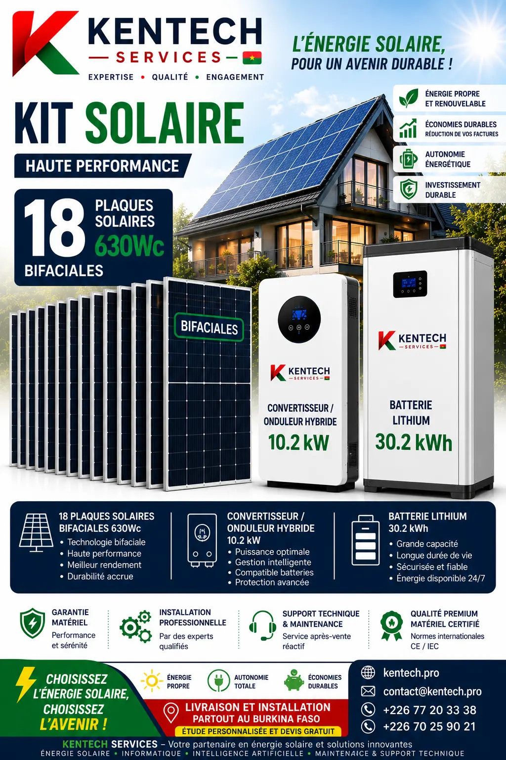 Kit solaire 18 plaques 630 Wc, onduleur 10,2 kW et batterie lithium 30,2 kWh